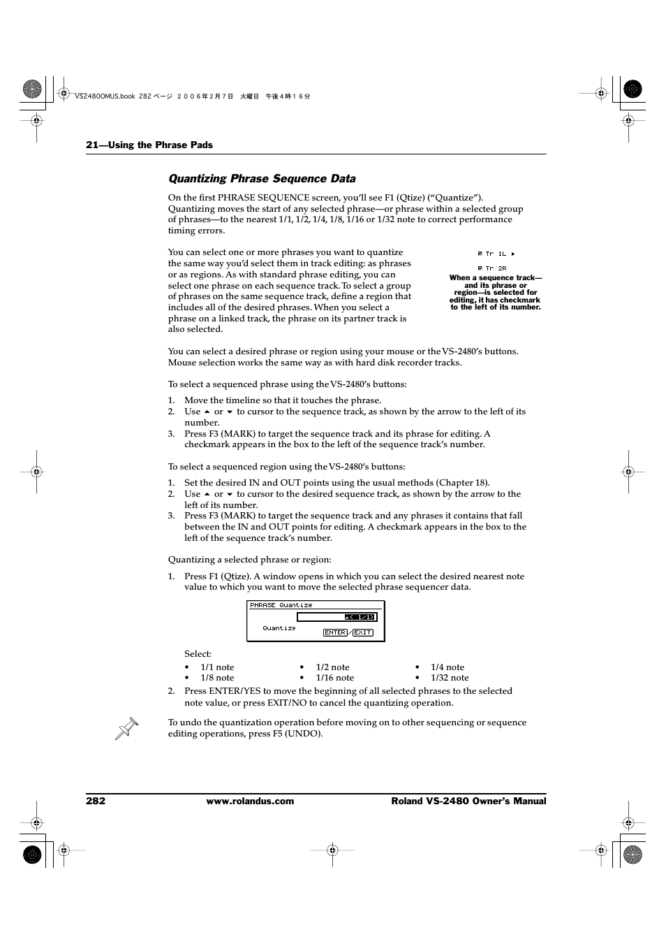 Quantizing phrase sequence data | Roland VS-2480 User Manual | Page 282 / 452