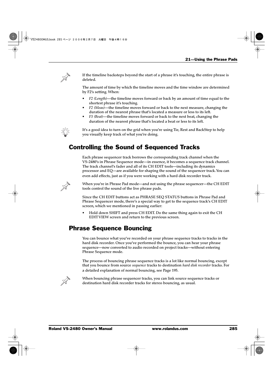 Controlling the sound of sequenced tracks, Phrase sequence bouncing | Roland VS-2480 User Manual | Page 285 / 452