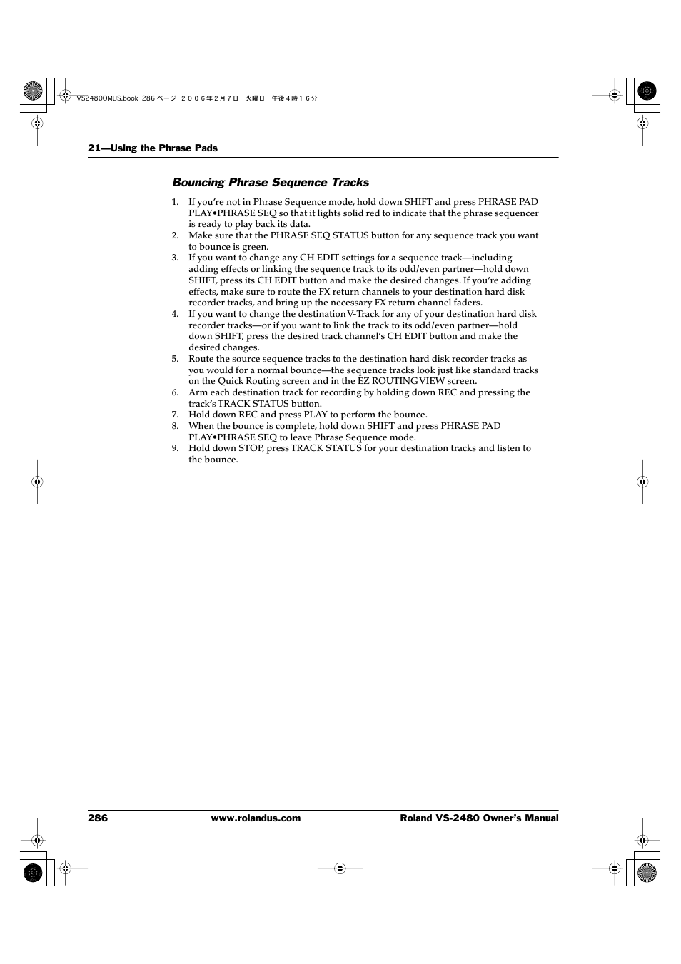 Bouncing phrase sequence tracks | Roland VS-2480 User Manual | Page 286 / 452
