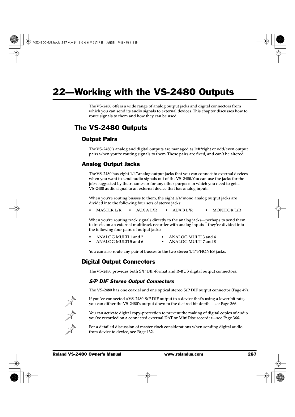 22—working with the vs-2480 outputs, The vs-2480 outputs, Output pairs | Analog output jacks, Digital output connectors, S/p dif stereo output connectors, 22—working with the vs-2480 outputs 287 | Roland VS-2480 User Manual | Page 287 / 452