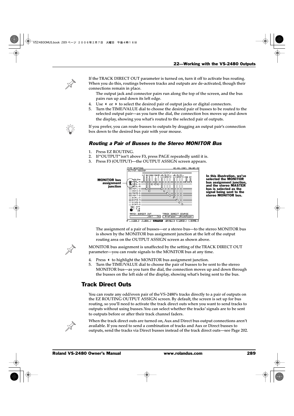 Routing a pair of busses to the stereo monitor bus, Track direct outs | Roland VS-2480 User Manual | Page 289 / 452