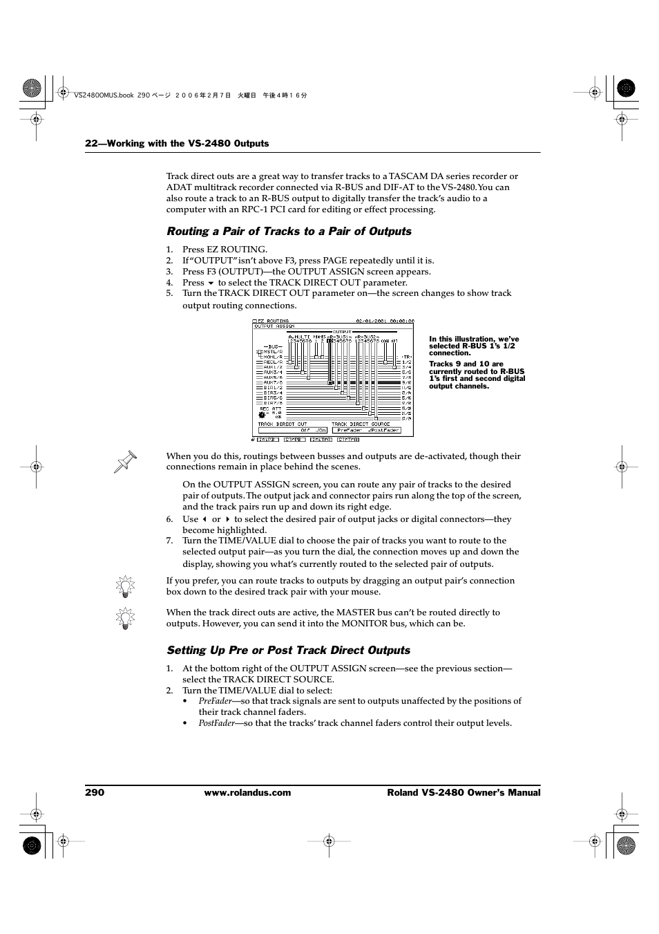 Routing a pair of tracks to a pair of outputs, Setting up pre or post track direct outputs | Roland VS-2480 User Manual | Page 290 / 452