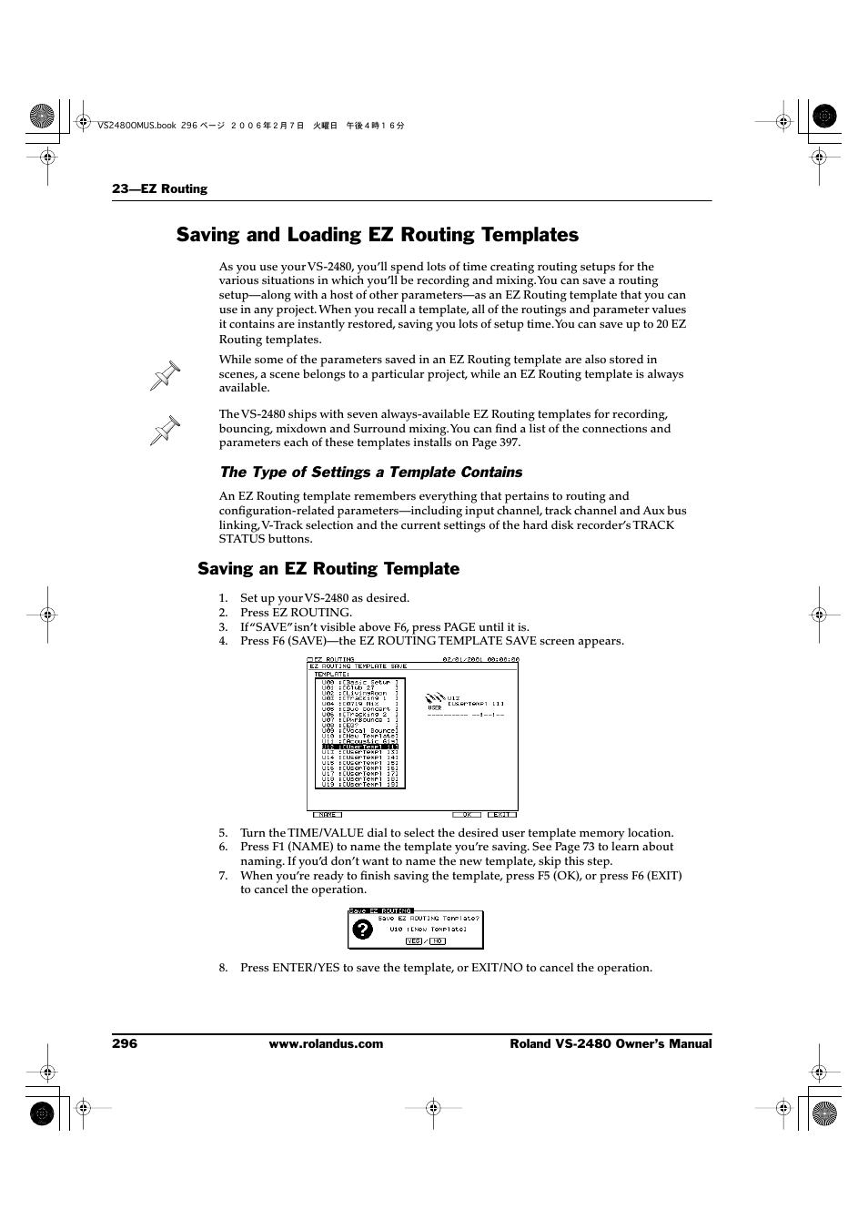 Saving and loading ez routing templates, The type of settings a template contains, Saving an ez routing template | Roland VS-2480 User Manual | Page 296 / 452