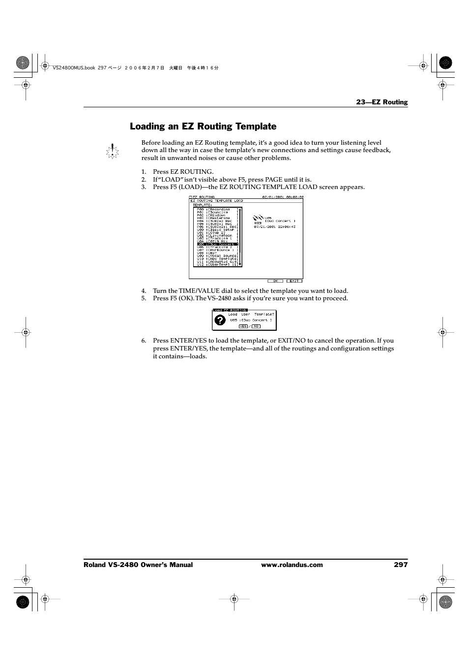 Loading an ez routing template | Roland VS-2480 User Manual | Page 297 / 452