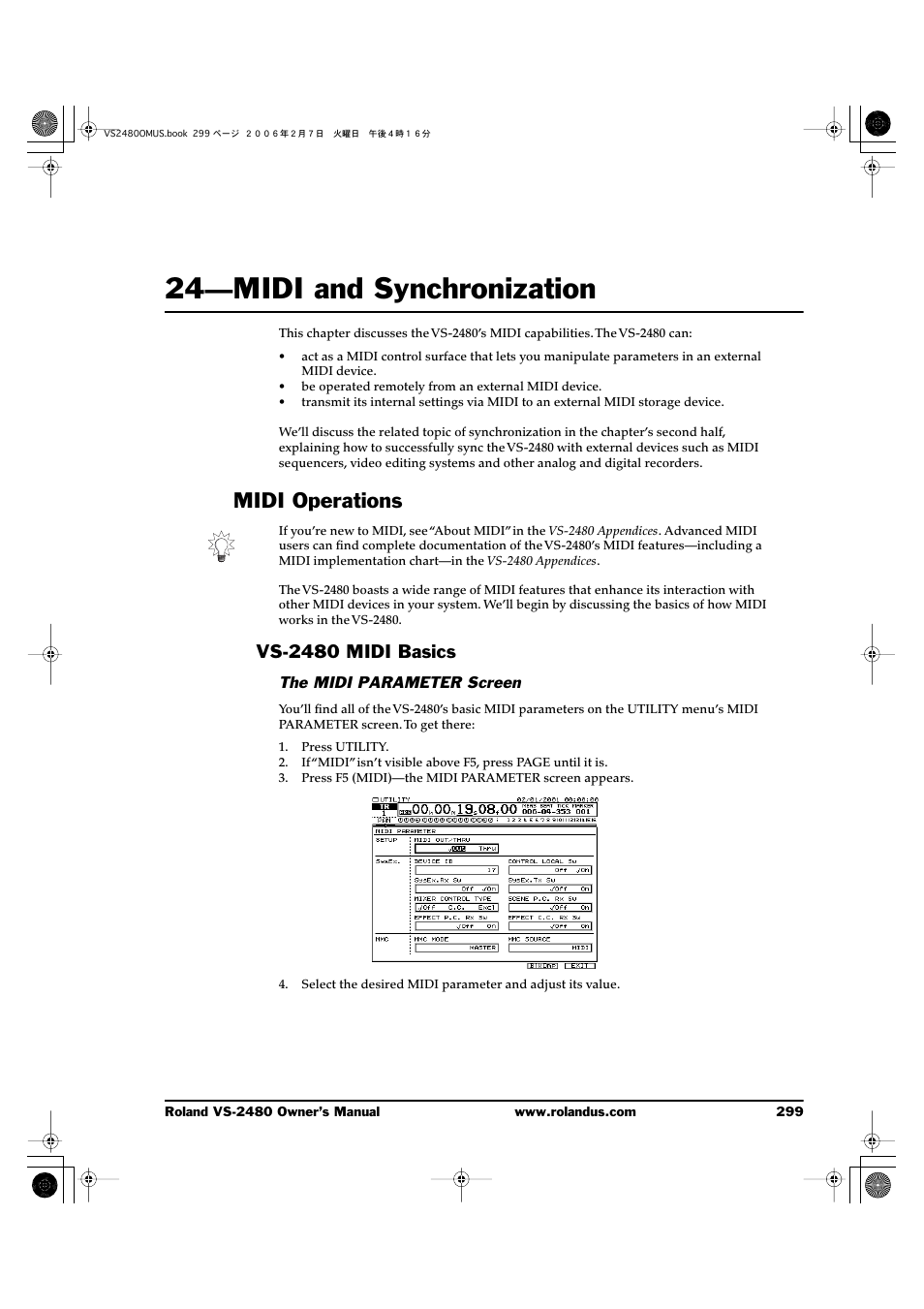 24—midi and synchronization, Midi operations, Vs-2480 midi basics | The midi parameter screen, 24—midi and synchronization 299 | Roland VS-2480 User Manual | Page 299 / 452