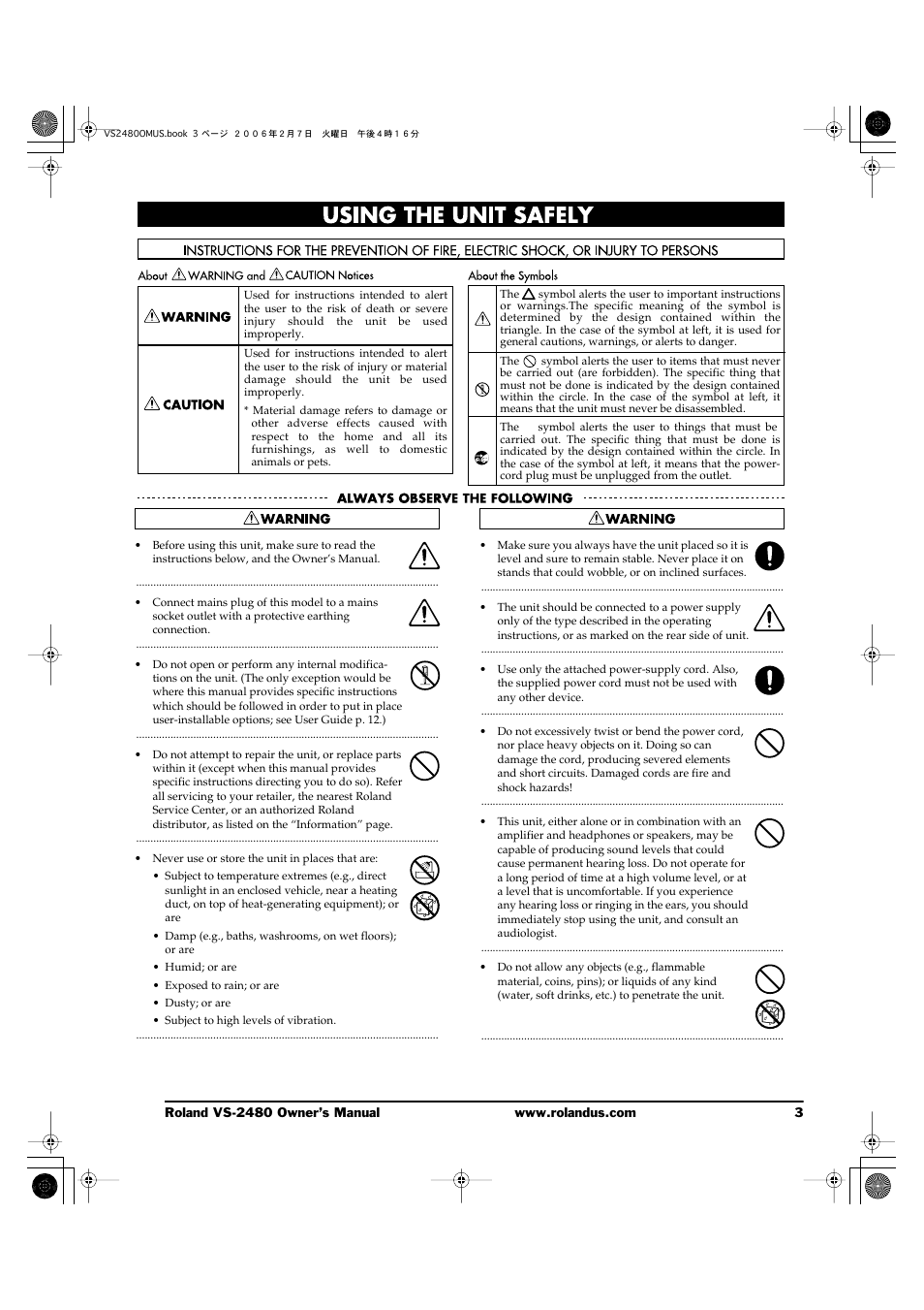 Using the unit safely | Roland VS-2480 User Manual | Page 3 / 452