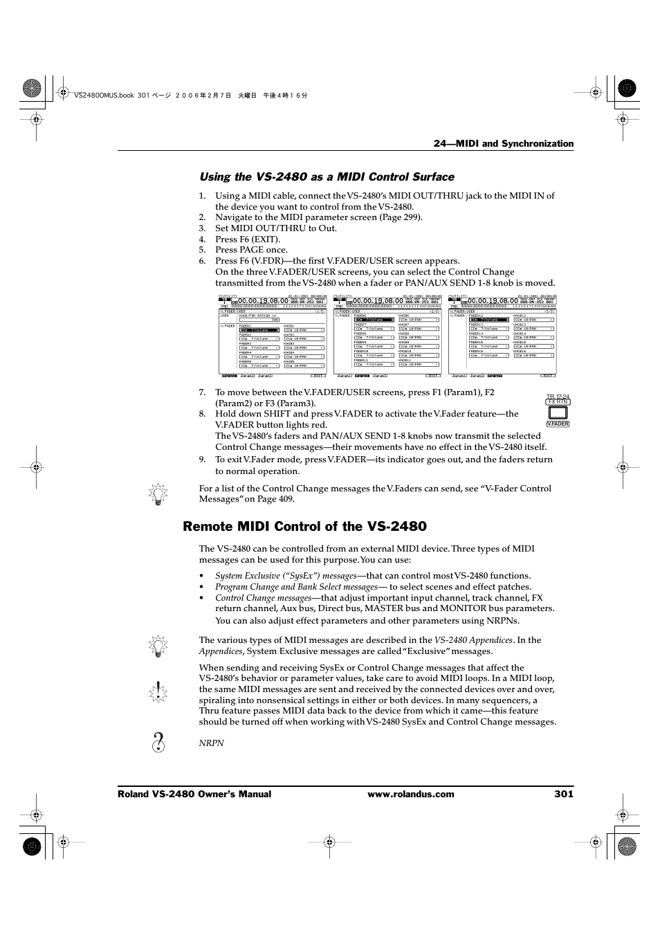 Using the vs-2480 as a midi control surface, Remote midi control of the vs-2480 | Roland VS-2480 User Manual | Page 301 / 452