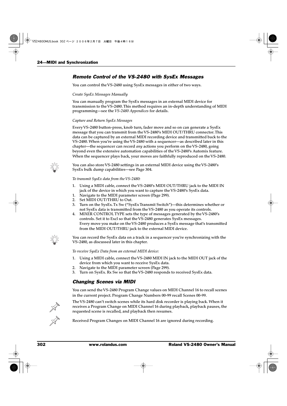 Remote control of the vs-2480 with sysex messages, Changing scenes via midi | Roland VS-2480 User Manual | Page 302 / 452