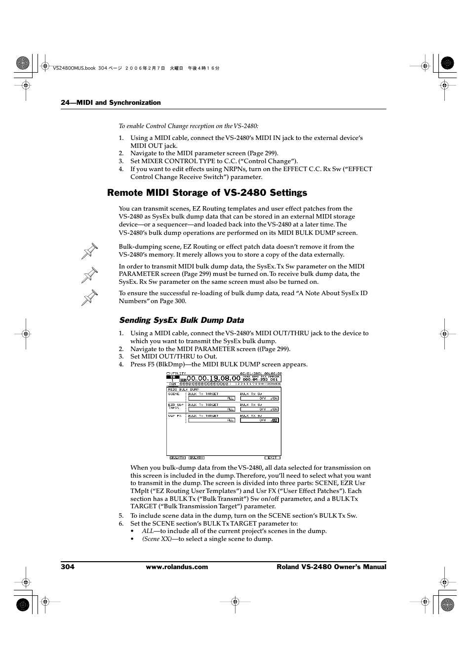Remote midi storage of vs-2480 settings, Sending sysex bulk dump data | Roland VS-2480 User Manual | Page 304 / 452