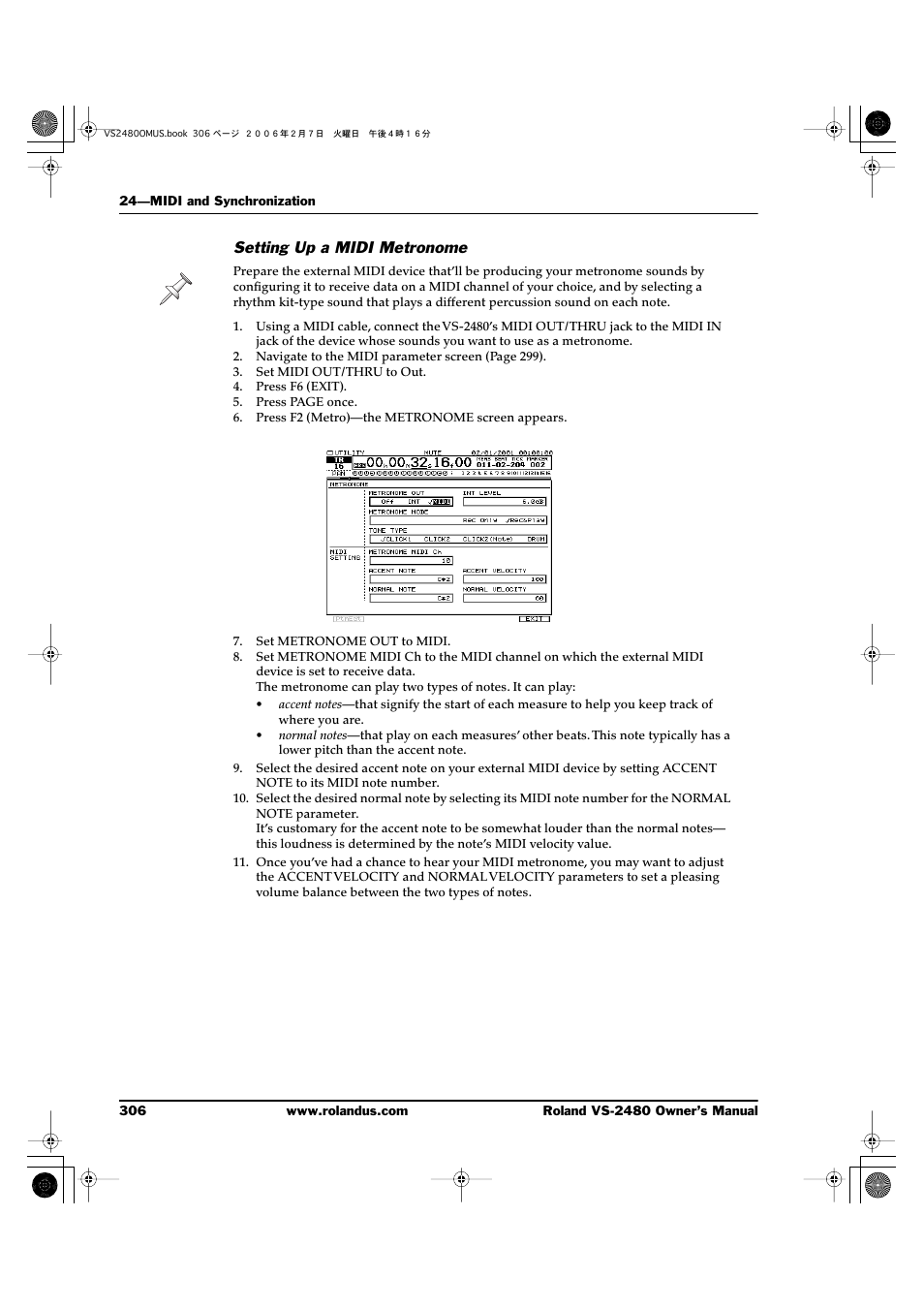 Setting up a midi metronome | Roland VS-2480 User Manual | Page 306 / 452