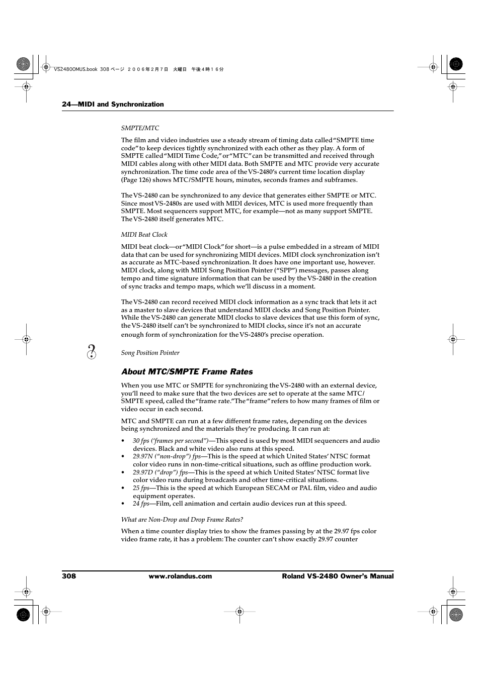 About mtc/smpte frame rates | Roland VS-2480 User Manual | Page 308 / 452