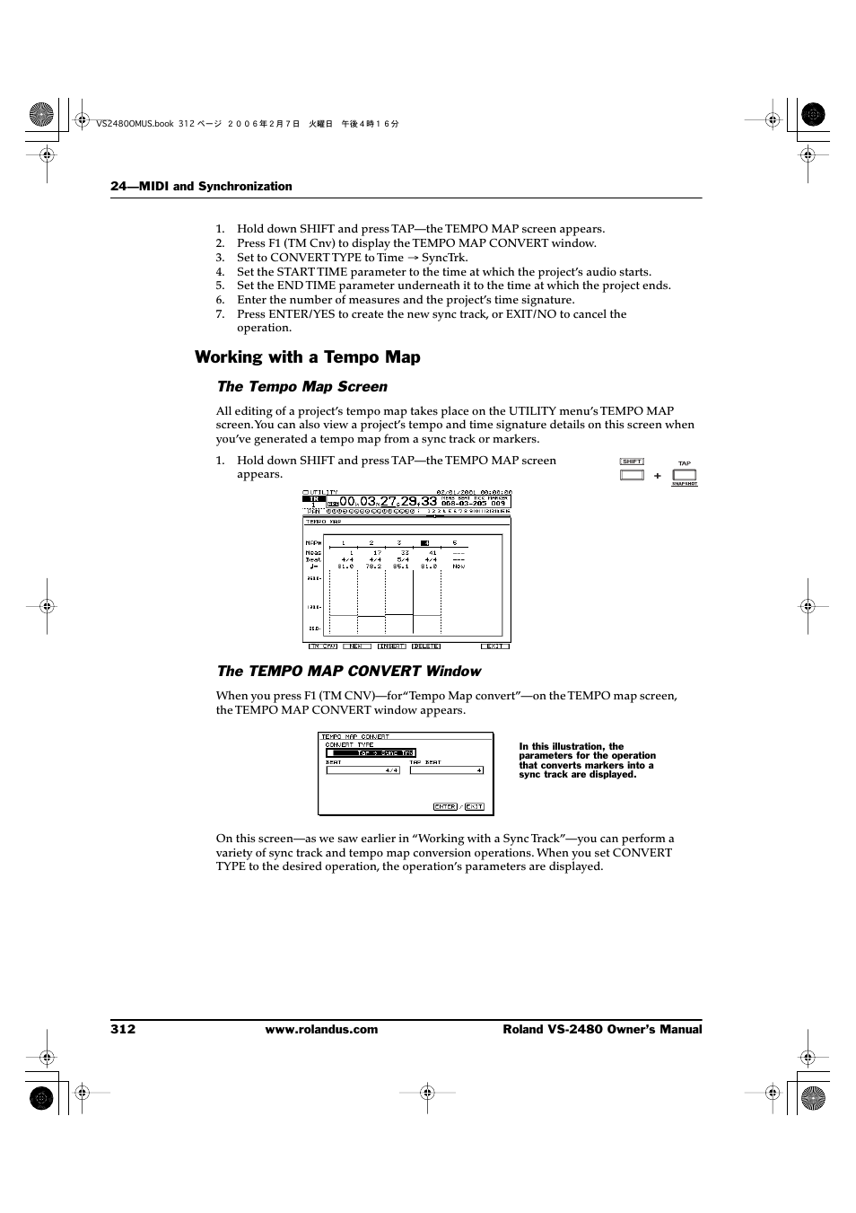 Working with a tempo map, The tempo map screen, The tempo map convert window | Roland VS-2480 User Manual | Page 312 / 452