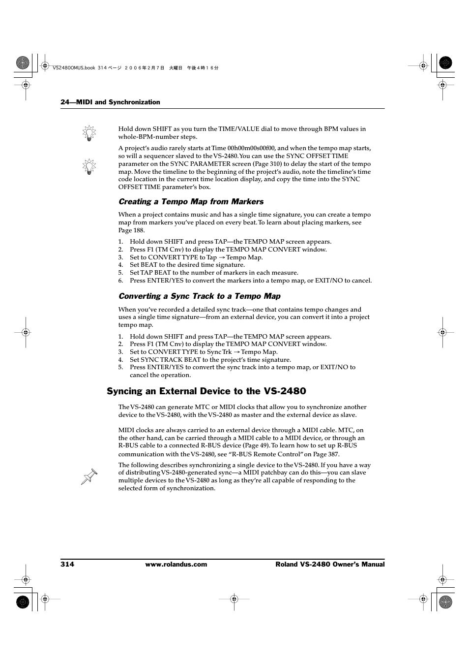 Creating a tempo map from markers, Converting a sync track to a tempo map, Syncing an external device to the vs-2480 | Roland VS-2480 User Manual | Page 314 / 452