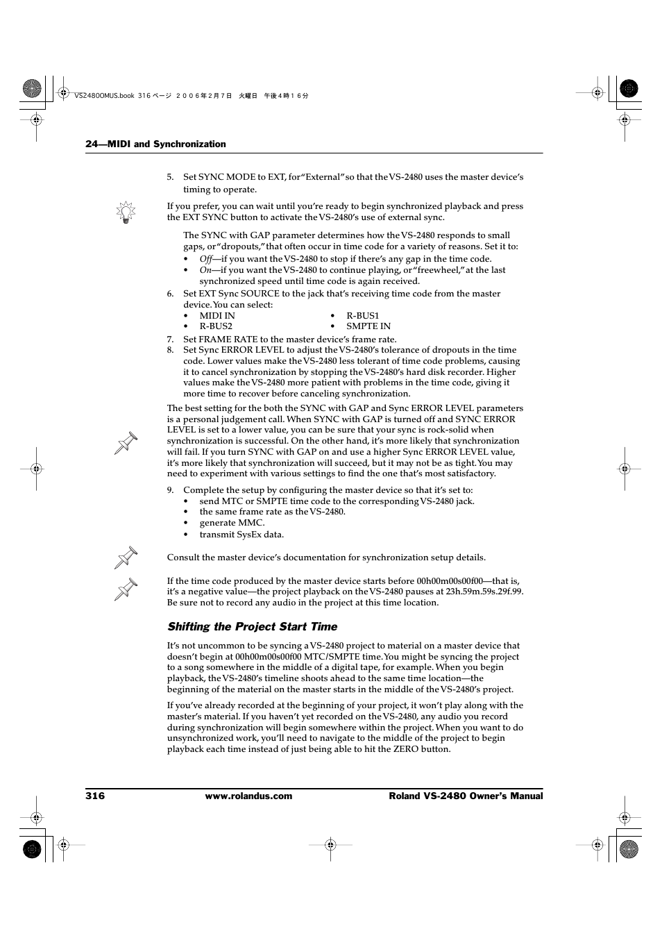 Shifting the project start time | Roland VS-2480 User Manual | Page 316 / 452