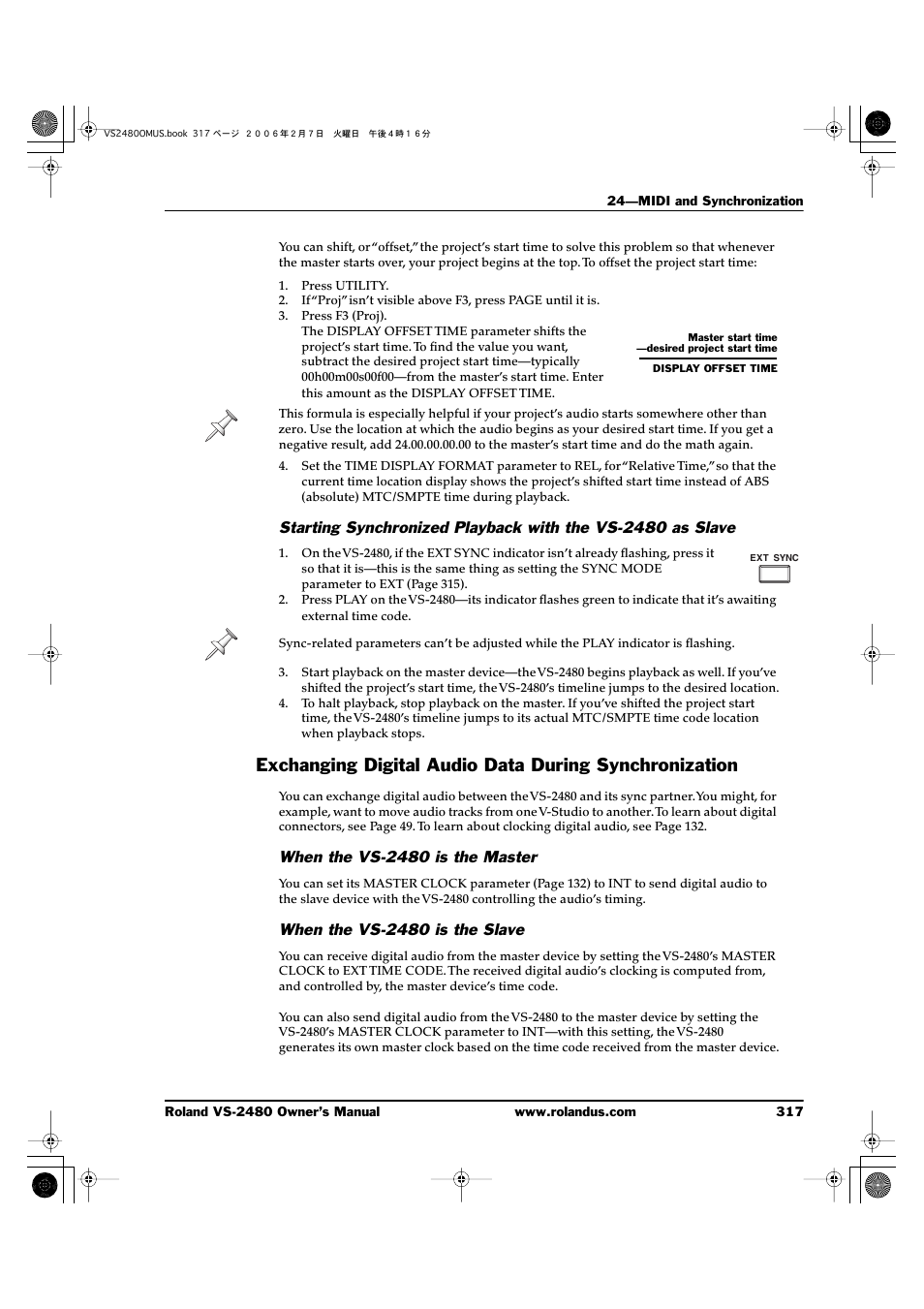 When the vs-2480 is the master, When the vs-2480 is the slave | Roland VS-2480 User Manual | Page 317 / 452