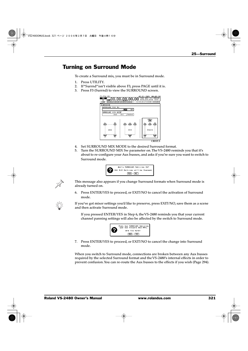 Turning on surround mode | Roland VS-2480 User Manual | Page 321 / 452