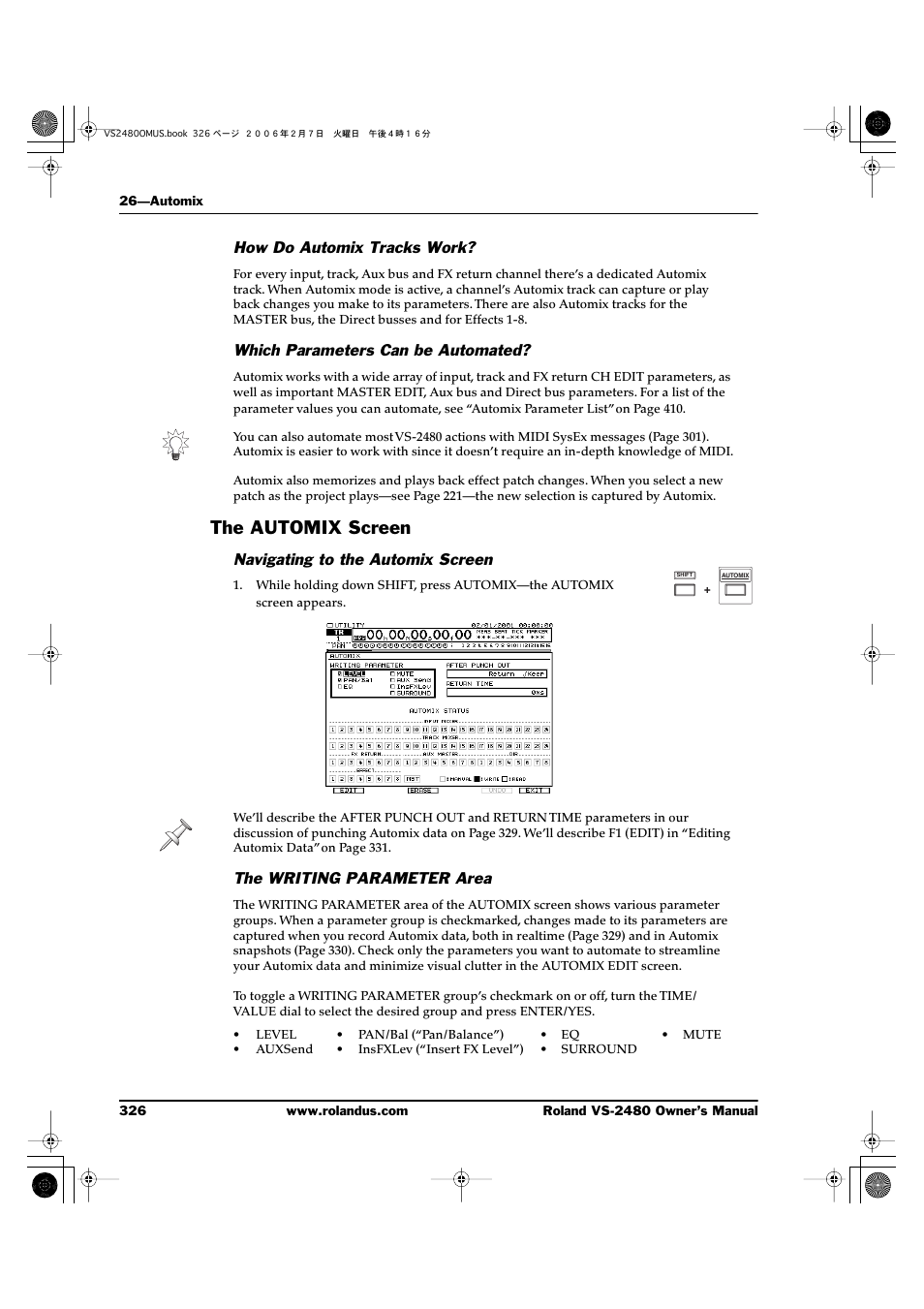 How do automix tracks work, Which parameters can be automated, The automix screen | Navigating to the automix screen, The writing parameter area | Roland VS-2480 User Manual | Page 326 / 452