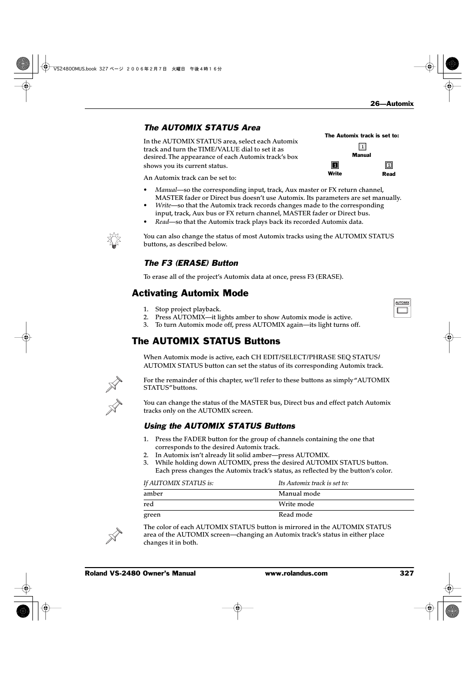 The automix status area, The f3 (erase) button, Activating automix mode | The automix status buttons, Using the automix status buttons, Activating automix mode the automix status buttons | Roland VS-2480 User Manual | Page 327 / 452