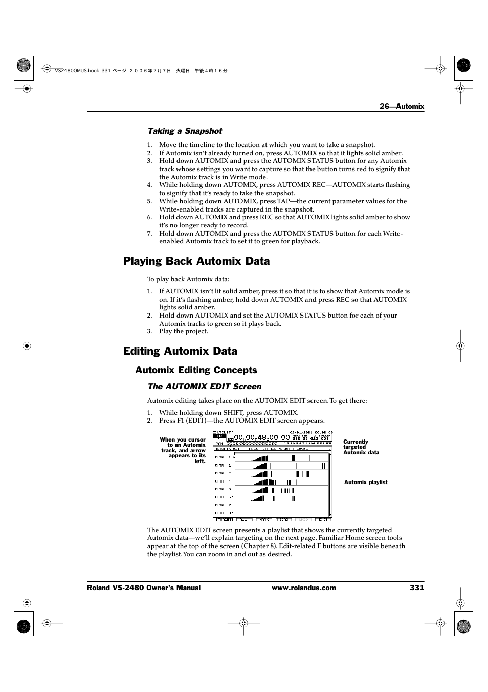 Taking a snapshot, Playing back automix data, Editing automix data | Automix editing concepts, The automix edit screen, Playing back automix data editing automix data | Roland VS-2480 User Manual | Page 331 / 452