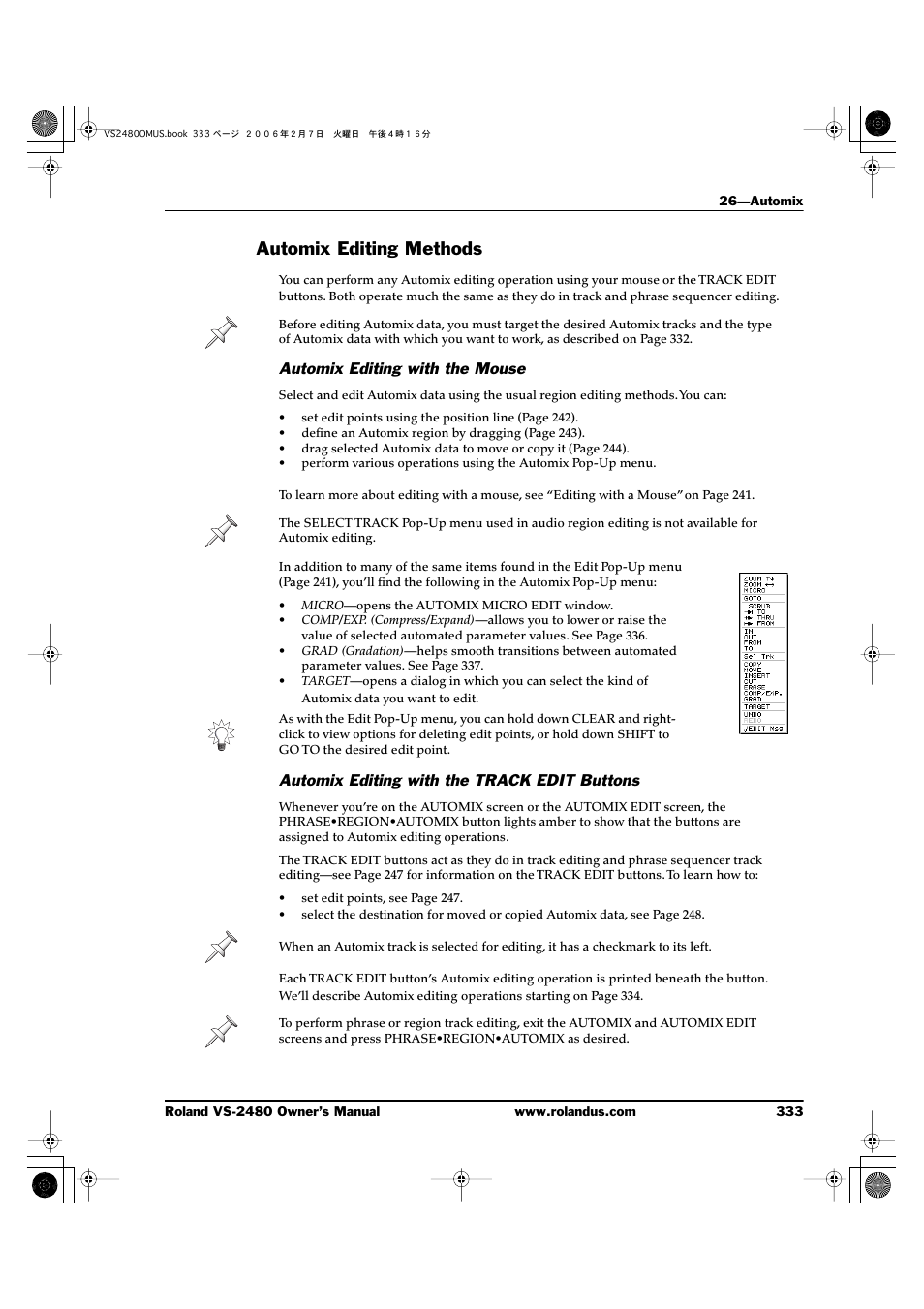 Automix editing methods, Automix editing with the mouse, Automix editing with the track edit buttons | Roland VS-2480 User Manual | Page 333 / 452