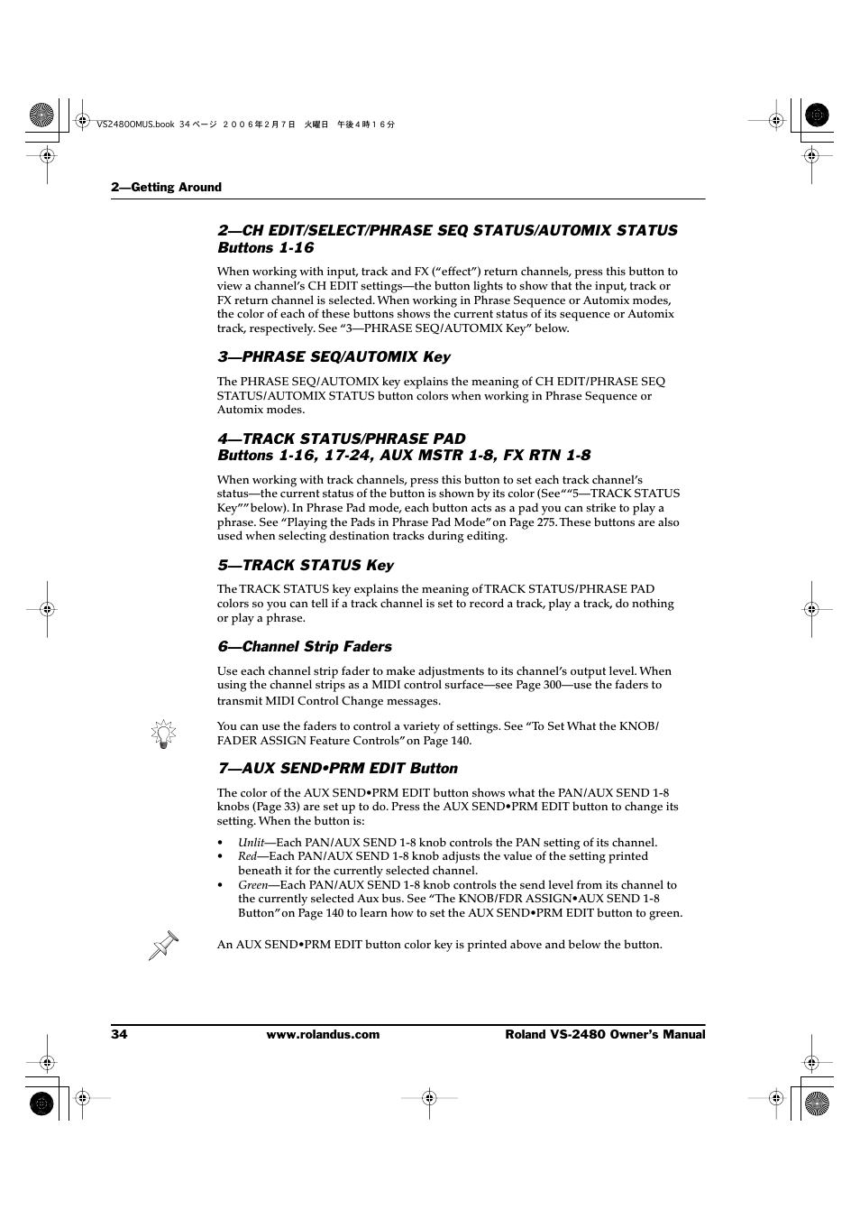 3—phrase seq/automix key, 5—track status key, 6—channel strip faders | 7—aux send•prm edit button | Roland VS-2480 User Manual | Page 34 / 452