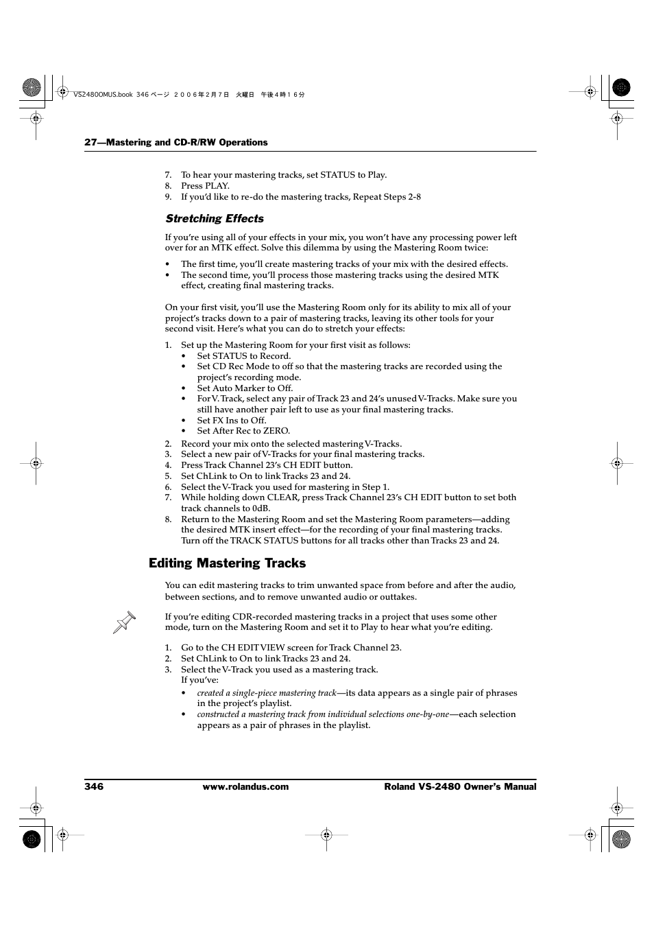 Stretching effects, Editing mastering tracks | Roland VS-2480 User Manual | Page 346 / 452