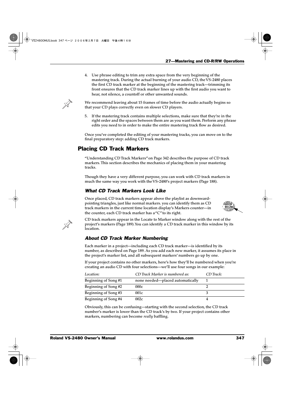 Placing cd track markers, What cd track markers look like, About cd track marker numbering | Roland VS-2480 User Manual | Page 347 / 452