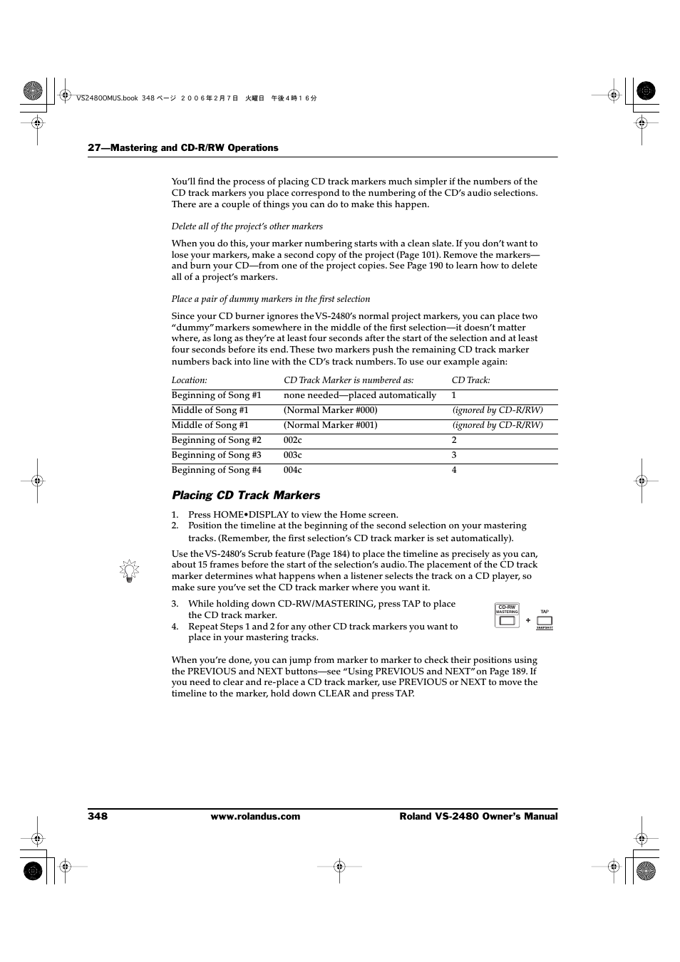 Placing cd track markers | Roland VS-2480 User Manual | Page 348 / 452