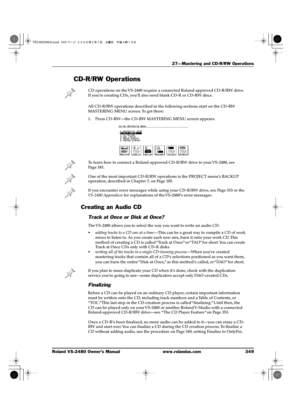 Cd-r/rw operations, Creating an audio cd, Track at once or disk at once | Finalizing | Roland VS-2480 User Manual | Page 349 / 452