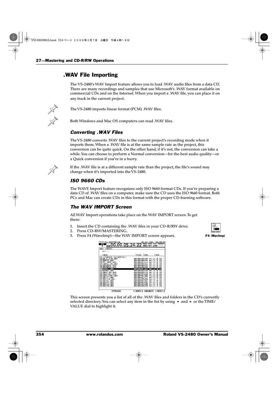 Wav file importing, Converting .wav files, Iso 9660 cds | The wav import screen | Roland VS-2480 User Manual | Page 354 / 452