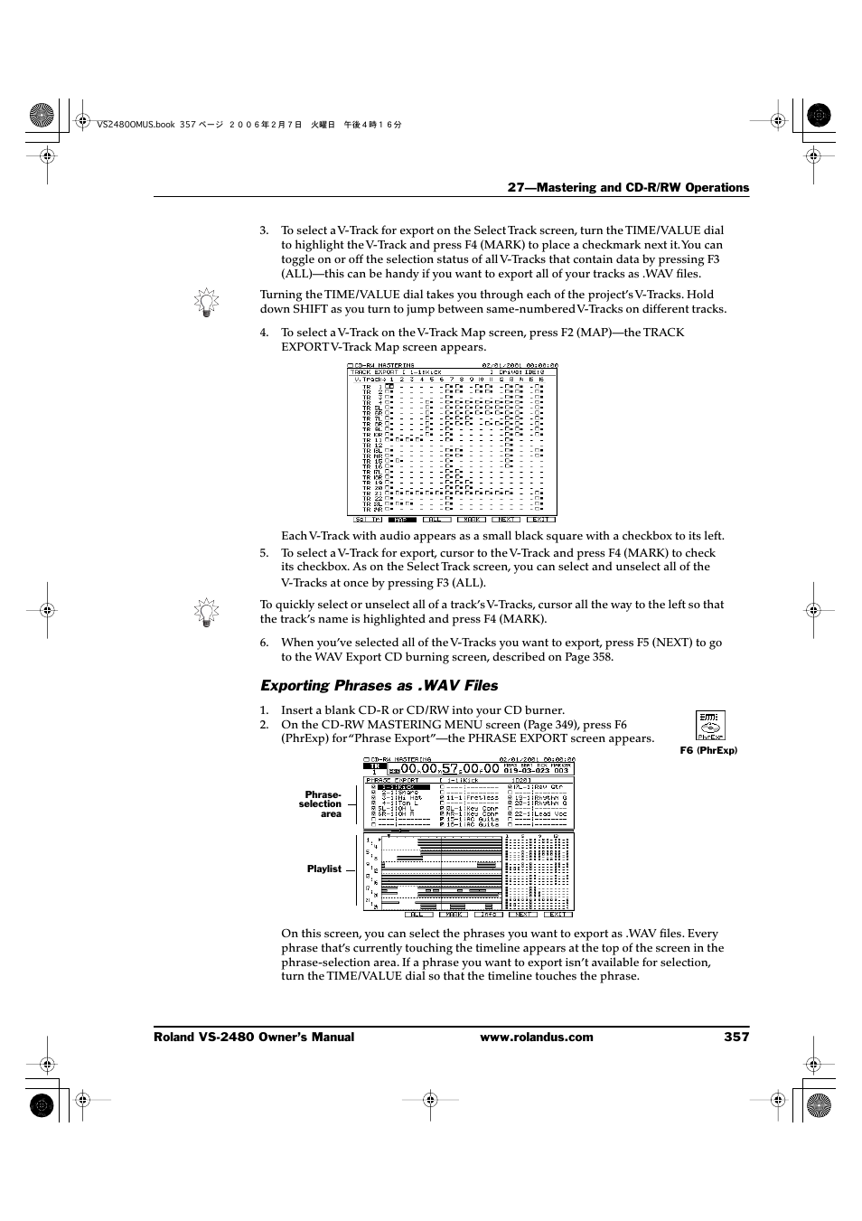 Exporting phrases as .wav files | Roland VS-2480 User Manual | Page 357 / 452