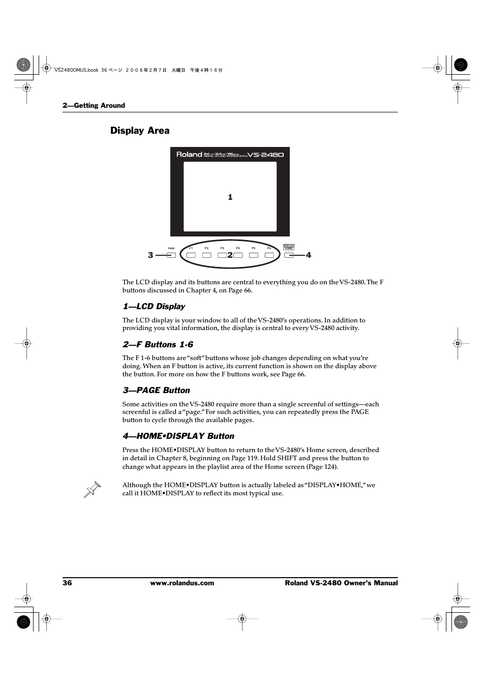 Display area, 1—lcd display, 2—f buttons 1-6 | 4—home•display button, 3—page button | Roland VS-2480 User Manual | Page 36 / 452