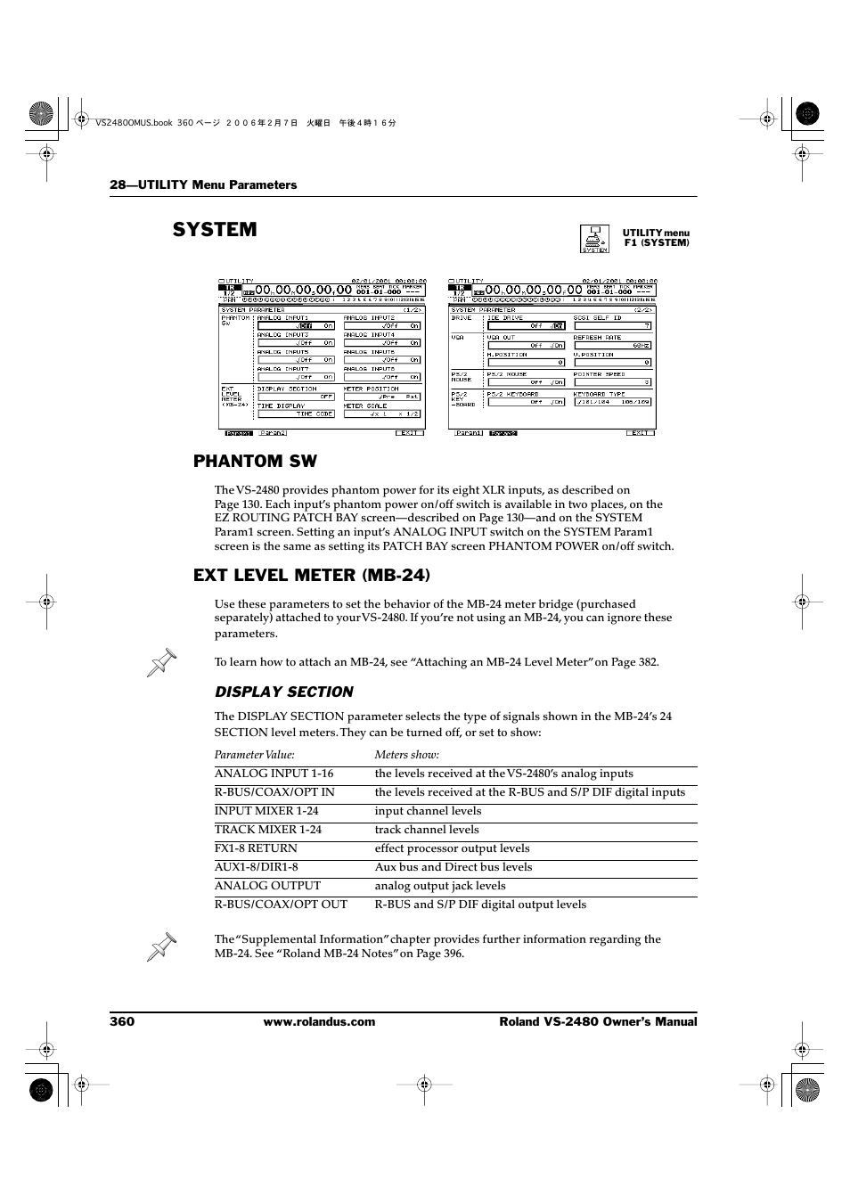 System, Phantom sw, Ext level meter (mb-24) | Display section, Phantom sw ext level meter (mb-24) | Roland VS-2480 User Manual | Page 360 / 452