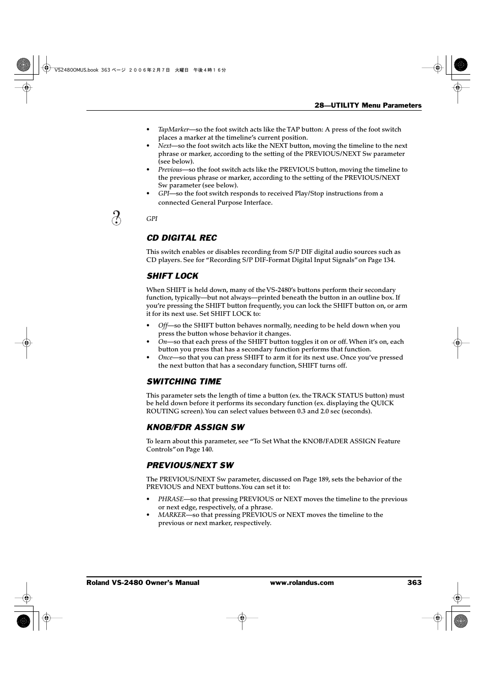 Cd digital rec, Shift lock, Switching time | Knob/fdr assign sw, Previous/next sw | Roland VS-2480 User Manual | Page 363 / 452