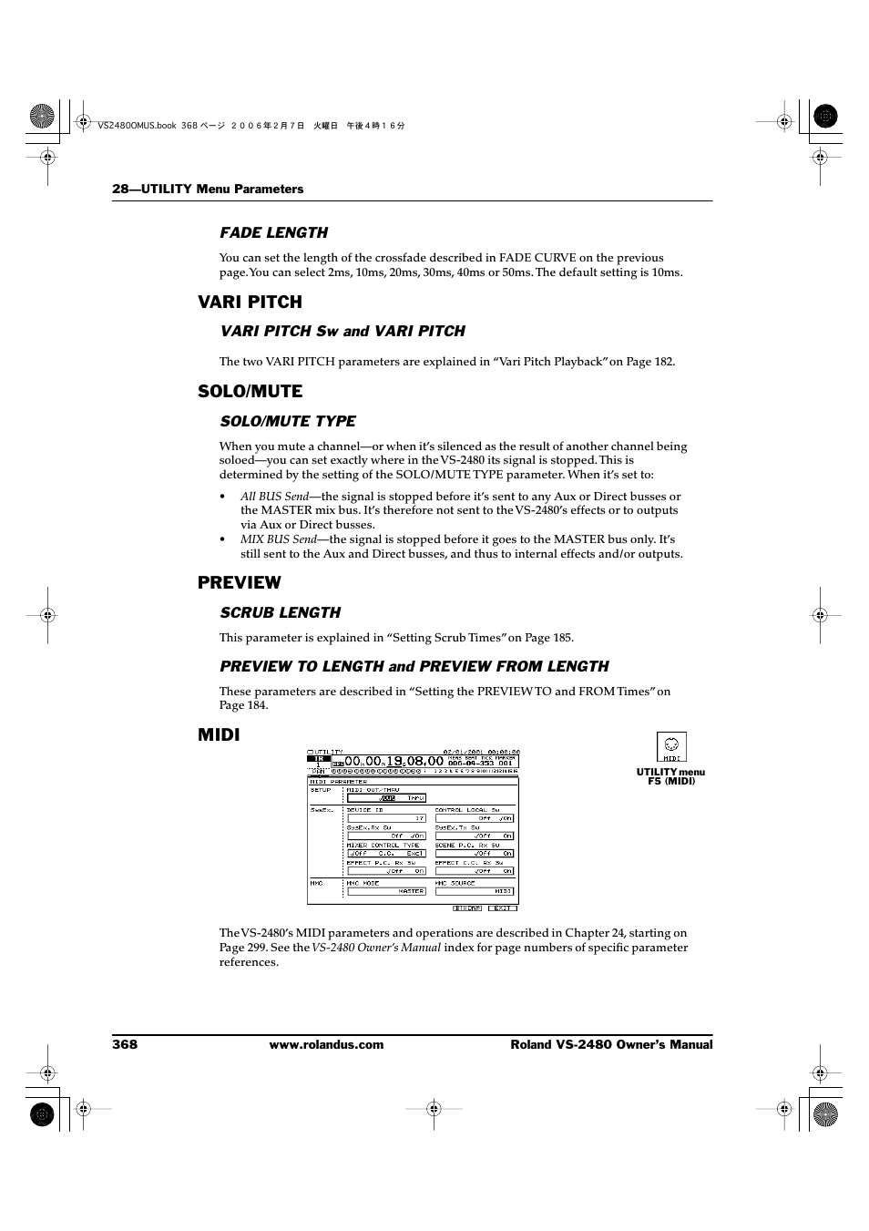 Fade length, Vari pitch, Vari pitch sw and vari pitch | Solo/mute, Solo/mute type, Preview, Scrub length, Preview to length and preview from length, Midi, Vari pitch solo/mute preview midi | Roland VS-2480 User Manual | Page 368 / 452