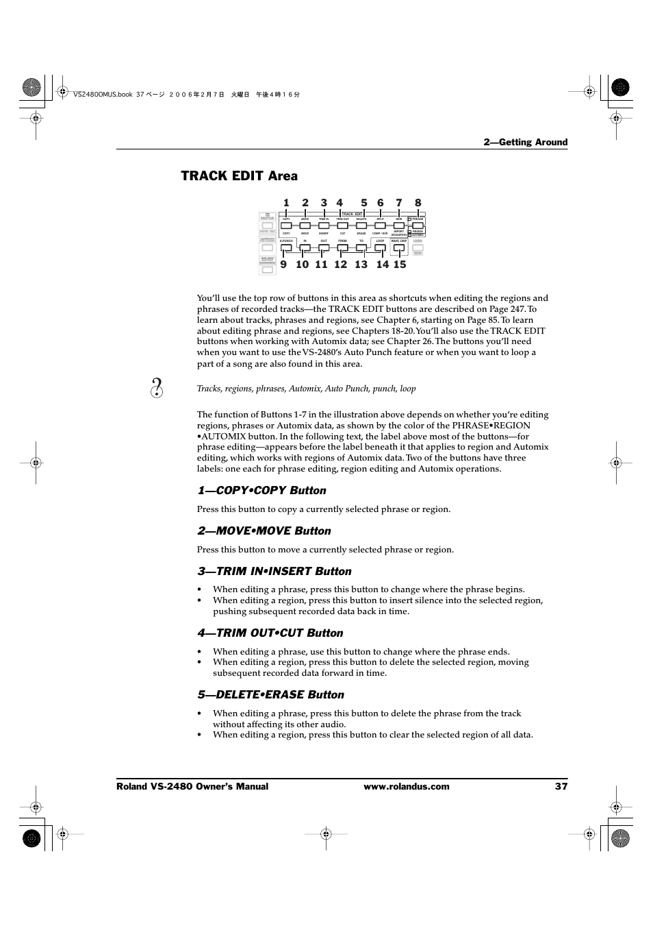 Track edit area, 1—copy•copy button, 2—move•move button | 3—trim in•insert button, 4—trim out•cut button, 5—delete•erase button | Roland VS-2480 User Manual | Page 37 / 452