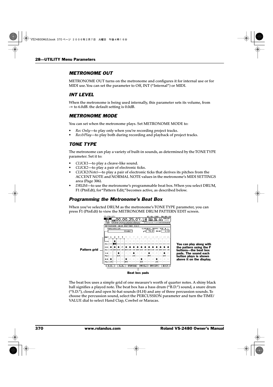 Metronome out, Int level, Metronome mode | Tone type, Programming the metronome’s beat box | Roland VS-2480 User Manual | Page 370 / 452