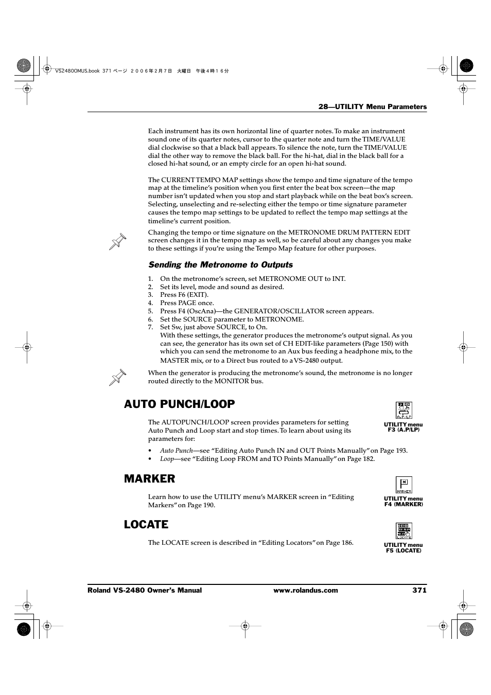 Sending the metronome to outputs, Auto punch/loop, Marker | Locate, Auto punch/loop marker locate | Roland VS-2480 User Manual | Page 371 / 452