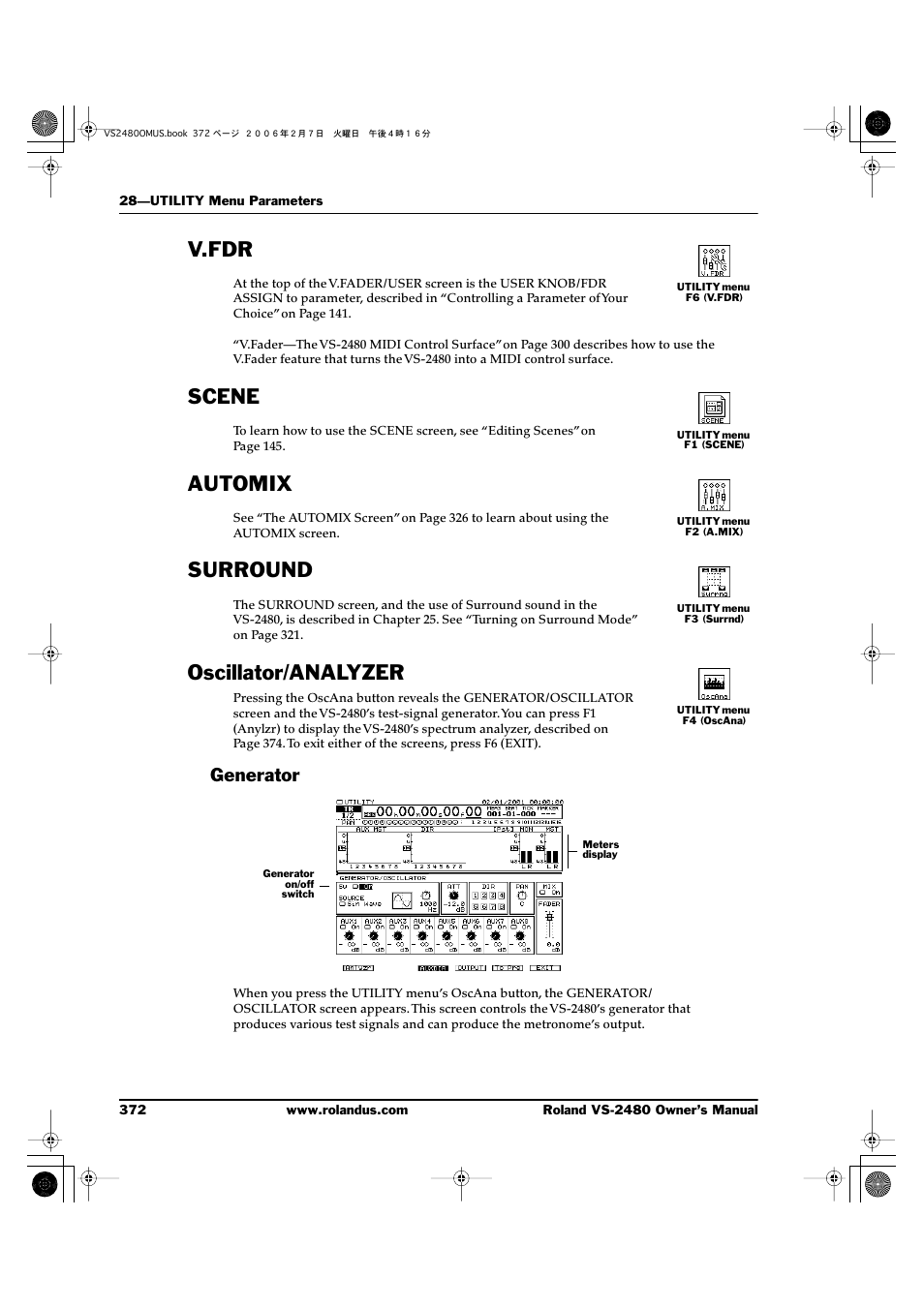 V.fdr, Scene, Automix | Surround, Oscillator/analyzer, Generator, V.fdr scene automix surround oscillator/analyzer | Roland VS-2480 User Manual | Page 372 / 452