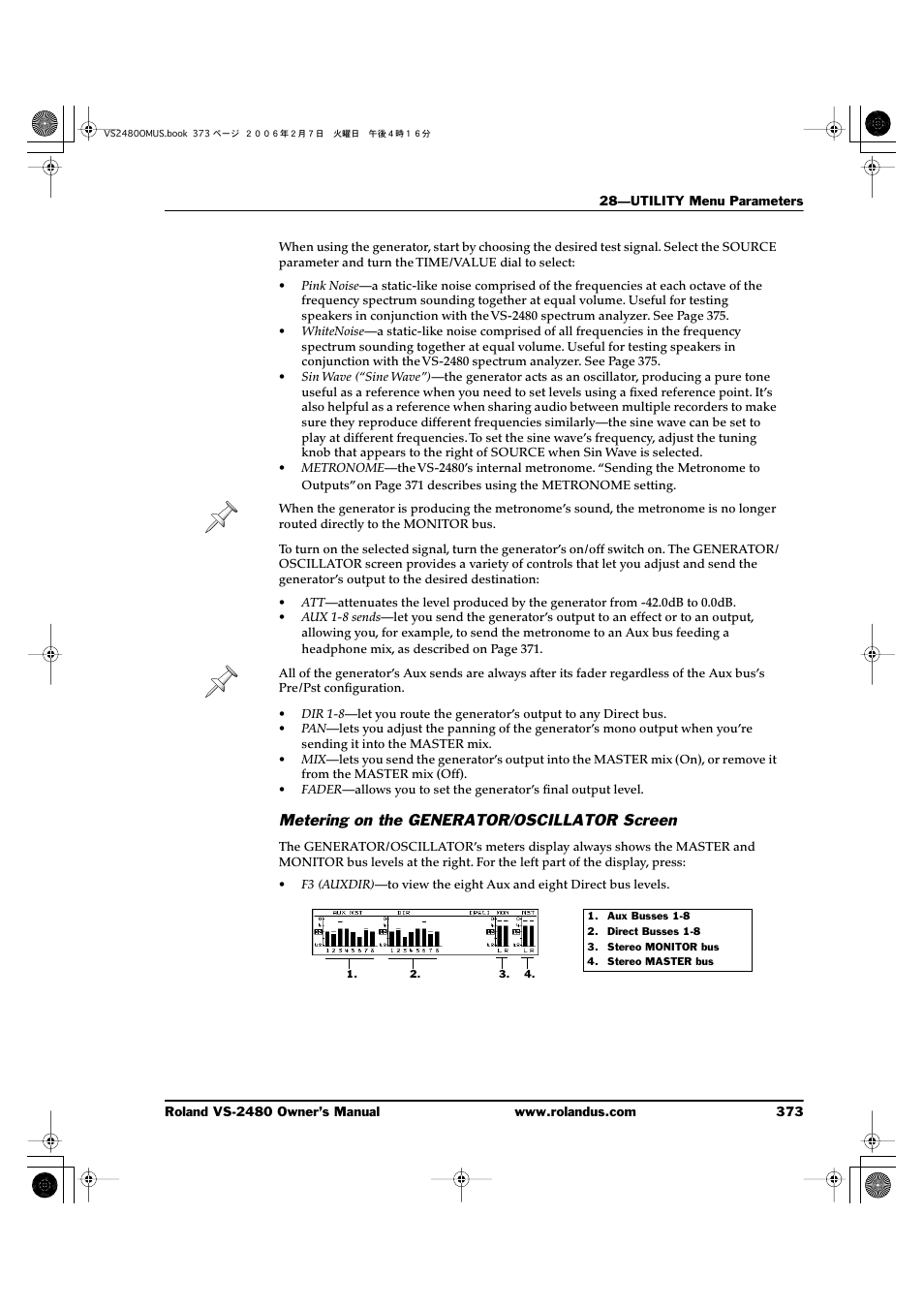 Metering on the generator/oscillator screen | Roland VS-2480 User Manual | Page 373 / 452