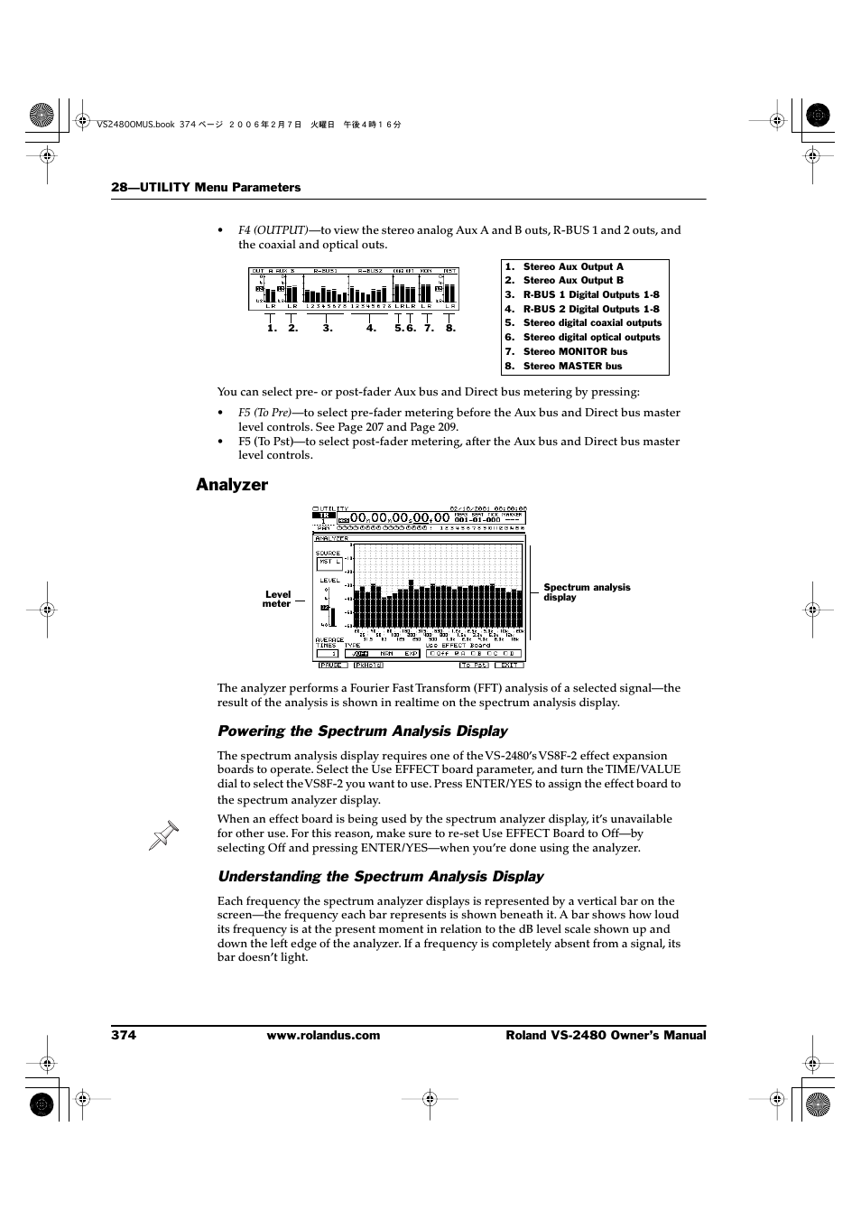 Analyzer, Powering the spectrum analysis display, Understanding the spectrum analysis display | Roland VS-2480 User Manual | Page 374 / 452