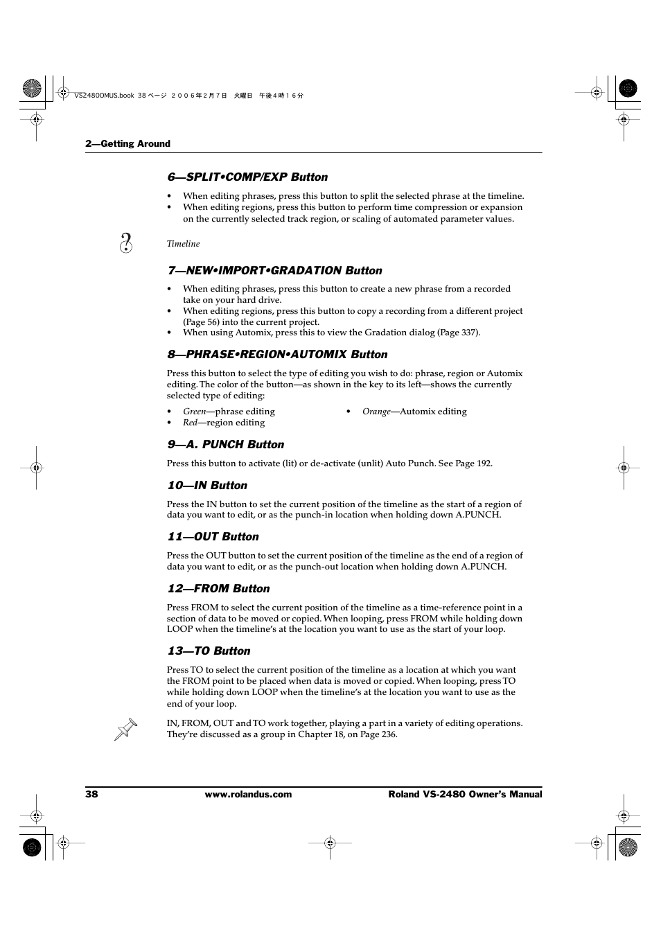 6—split•comp/exp button, 7—new•import•gradation button, 8—phrase•region•automix button | 9—a. punch button, 10—in button, 11—out button, 12—from button, 13—to button | Roland VS-2480 User Manual | Page 38 / 452
