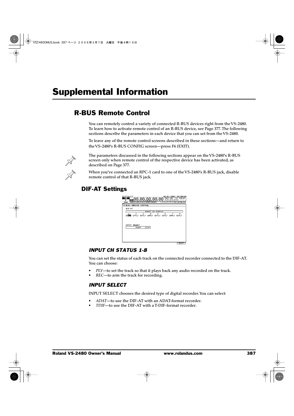 Supplemental information, R-bus remote control, Dif-at settings | Input ch status 1-8, Input select, Supplemental information 387 | Roland VS-2480 User Manual | Page 387 / 452