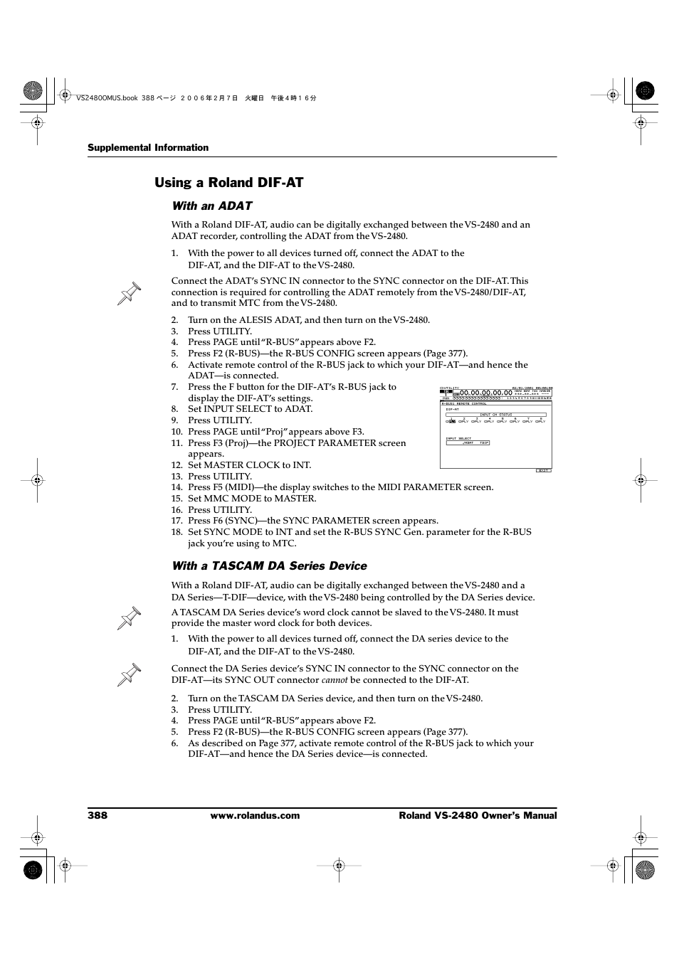 Using a roland dif-at, With an adat, With a tascam da series device | Roland VS-2480 User Manual | Page 388 / 452