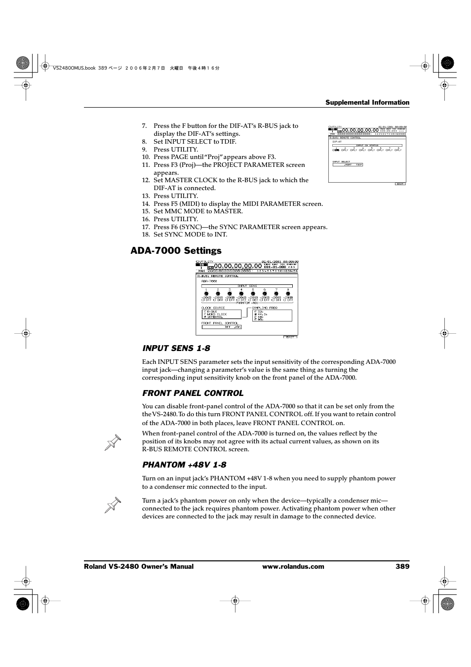 Ada-7000 settings, Input sens 1-8, Front panel control | Phantom +48v 1-8 | Roland VS-2480 User Manual | Page 389 / 452