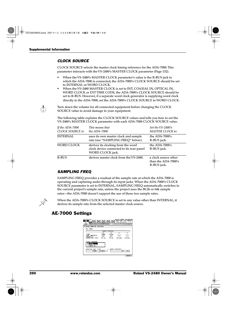 Clock source, Sampling freq, Ae-7000 settings | Roland VS-2480 User Manual | Page 390 / 452