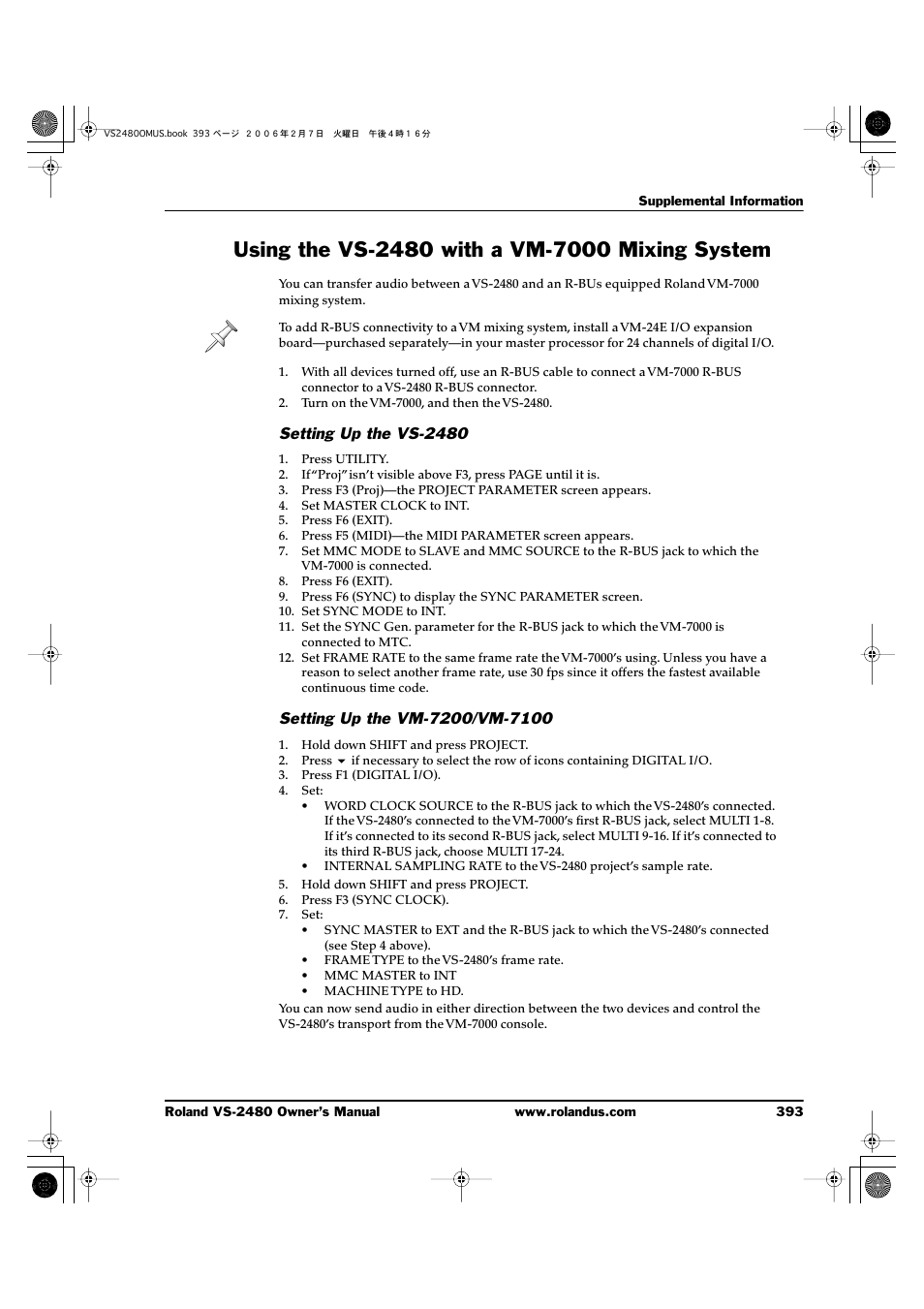 Using the vs-2480 with a vm-7000 mixing system, Setting up the vs-2480, Setting up the vm-7200/vm-7100 | Roland VS-2480 User Manual | Page 393 / 452