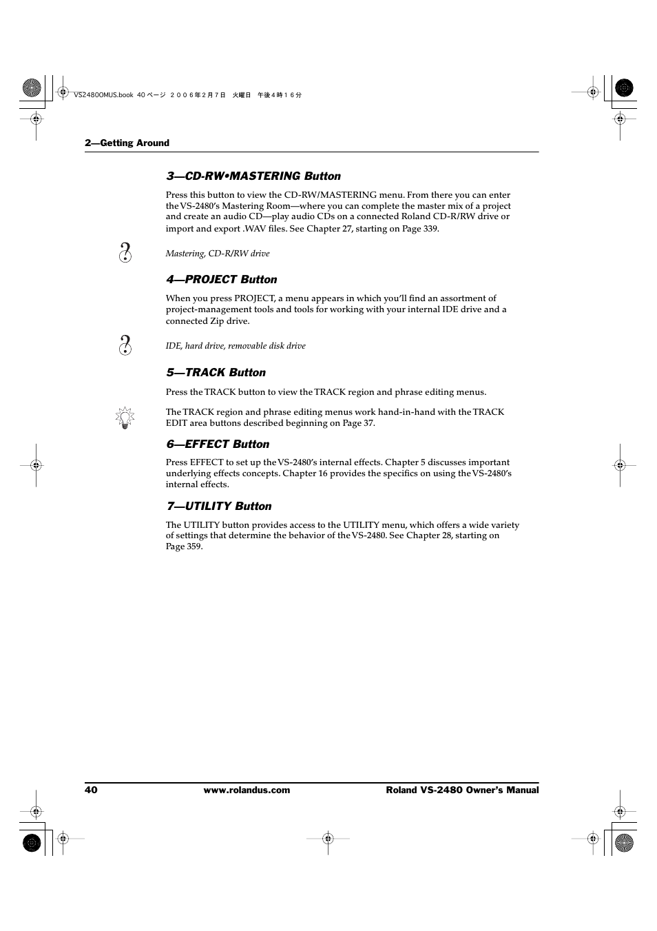 3—cd-rw•mastering button, 4—project button, 5—track button | 6—effect button, 7—utility button | Roland VS-2480 User Manual | Page 40 / 452