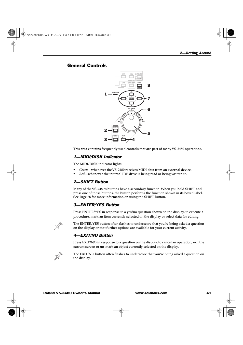 General controls, 1—midi/disk indicator, 2—shift button | 3—enter/yes button, 4—exit/no button | Roland VS-2480 User Manual | Page 41 / 452