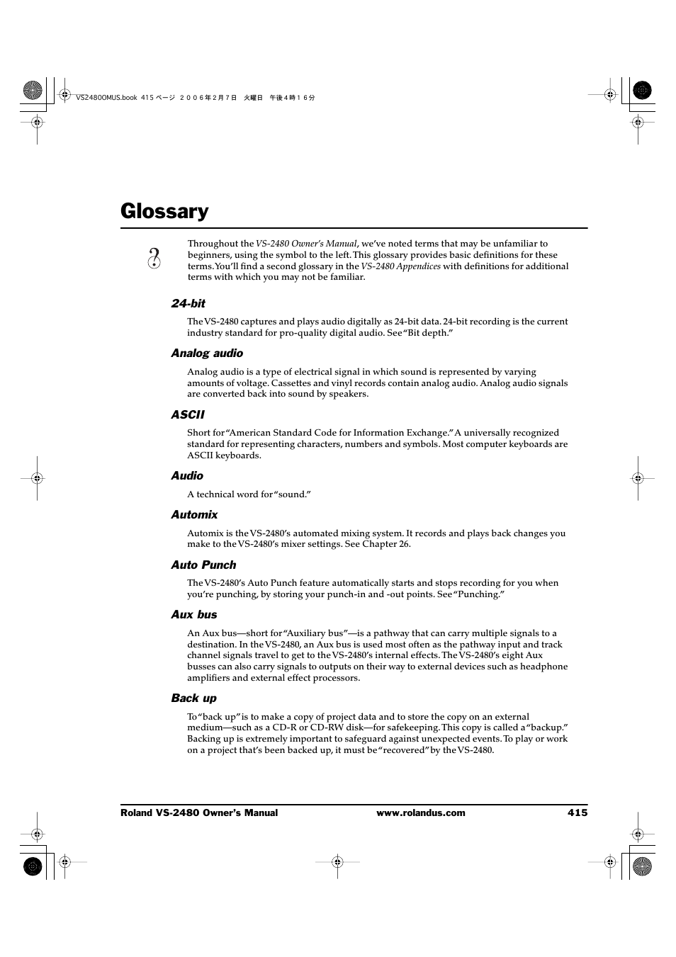 Glossary, Glossary 415 | Roland VS-2480 User Manual | Page 415 / 452